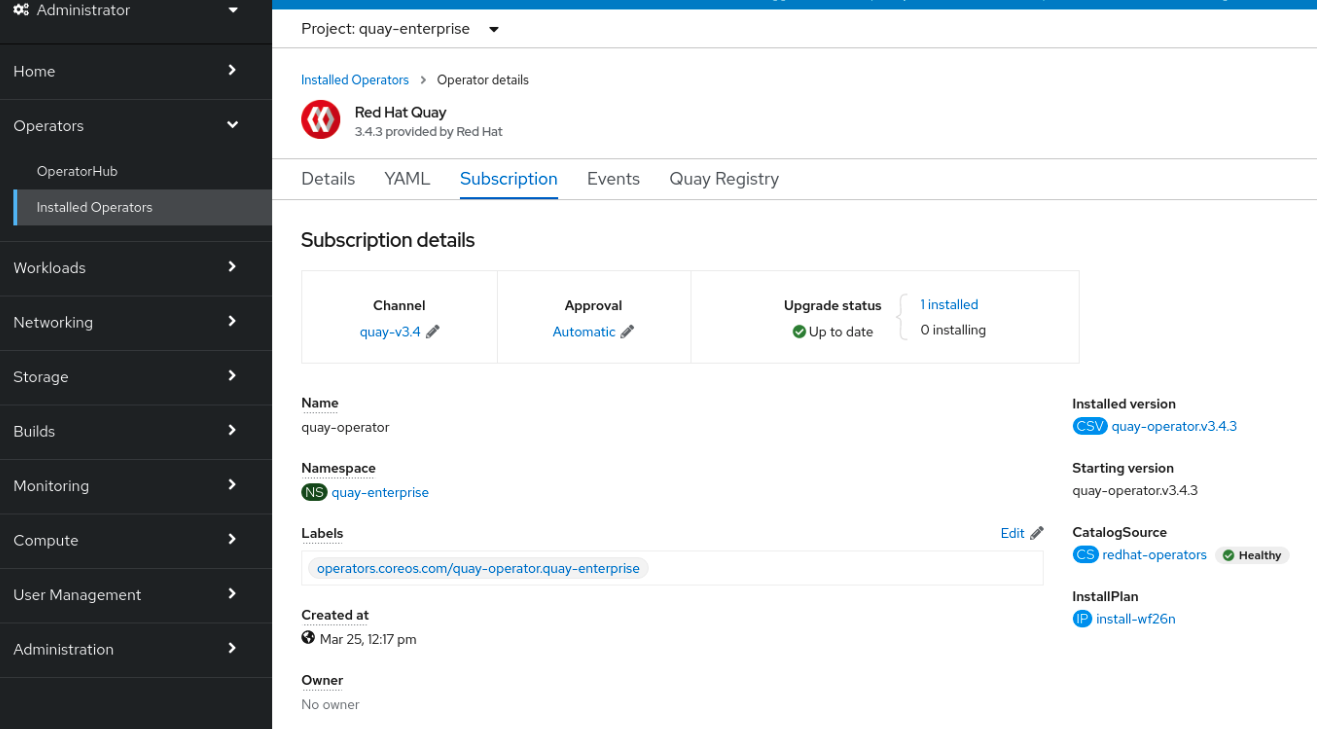 Subscription tab including upgrade Channel and Approval strategy